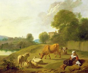 A River Landscape with Cattle, Sheep and a Young Girl Playing with a Dog